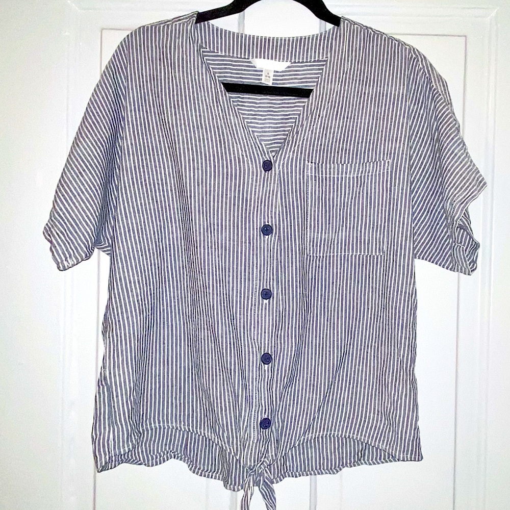 SOLD! Relaxed Fit Linen Blouse w/Front Tie